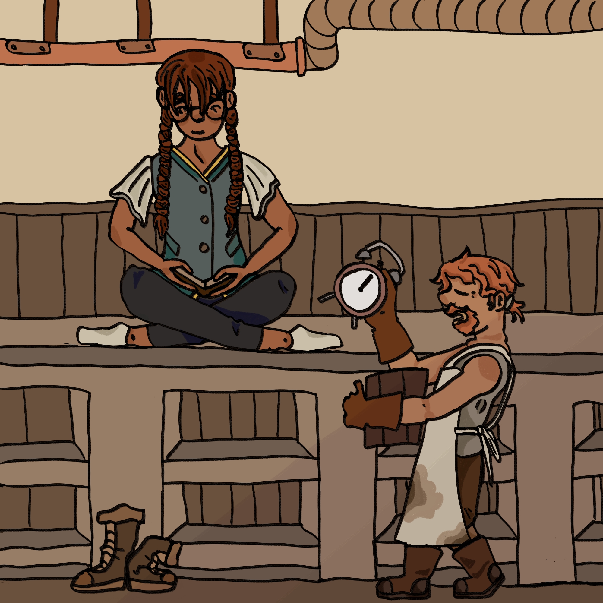 Thybalt sits on a counter with crossed legs. Vicky walks by, carrying a box of stuff, and puts down a clock.